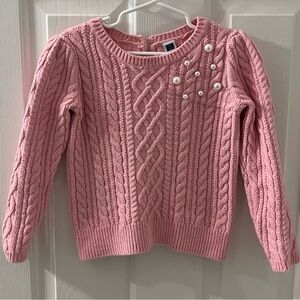 Janie and Jack Girls Pink Cable Knit Sweater Sz 5 Cotton Wool Pearl Embellish